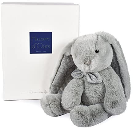 HISTOIRE D'OURS - Peluche Doudou Lapin - Gris - 30 cm - Collection Preppy Chic - Idée Cadeau Enfants ou Naissance pour Bébé - Doudou Très Doux & Elégant - Avec Boite Cadeau - HO3138