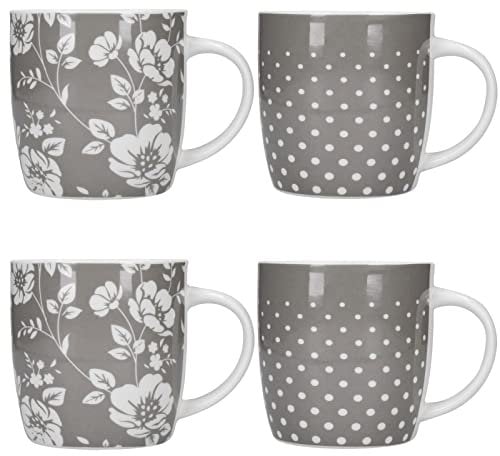 KitchenCraft Grey Flower & Spots Set of 4 Stoneware, Polka Dots, Barrel Coffee Mugs 425ml
