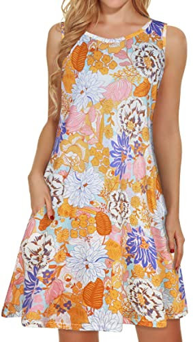 Abiti estivi per le donne Beach Floral Tshirt prendisole senza maniche Tasche Casual Loose Tank Dress, Fiore Viola Arancione, L