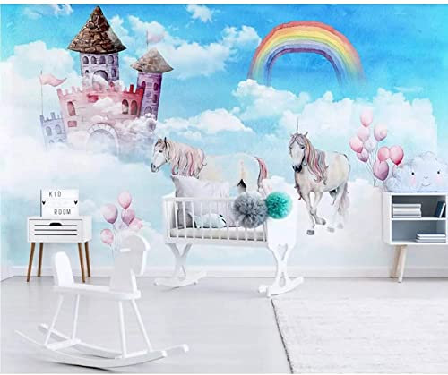 Papier Peint Panoramique Château Arc En Ciel Licorne Papier Peint Intissé 3D Tapisserie Murales Décoration Murale