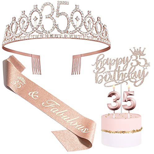 Bella Meri Geschenke zum 35. Geburtstag für Frauen, 35. Geburtstag Tiara Krone Schärpe Kuchen Topper Geburtstag Kerzen 35 Geburtstag Dekorationen Frauen