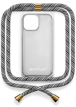NECKLACY® - Die Premium Handykette für Apple iPhone 14 Pro Max in Domino Swirl | transparente Handyhülle mit hochwertiger Kordel zum Umhängen - Smartphone Crossbody Case