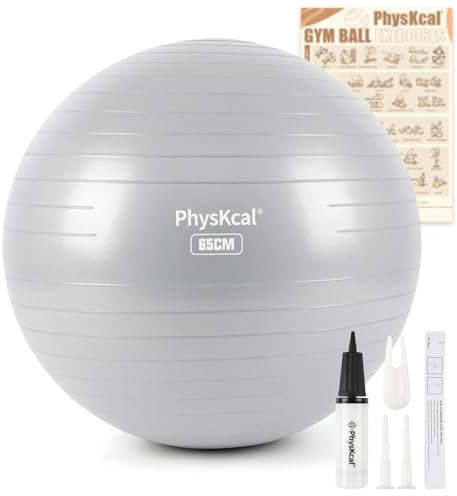 PhysKcal Gym Ball 65cm Grey Exercise Swiss Ball for Fitness Yoga Pilates Pregnancy, Anti Burst Ball Chair for Balance, Stability, Quick Pump Included