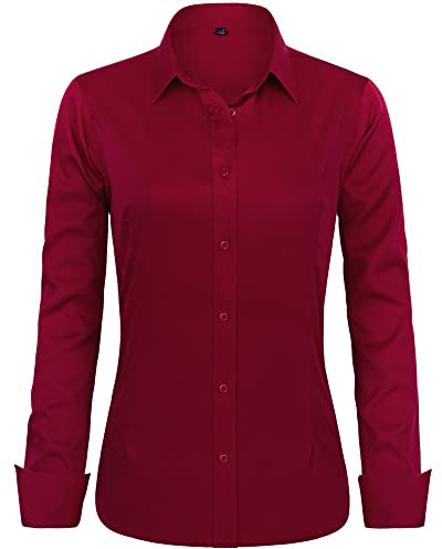 J.VER Womens Shirts Long Sleeve Burgundy Stretch Dress Fitted Shirt Work Office Tops Business Casual Fashion Ladies Blouses Shirts XL