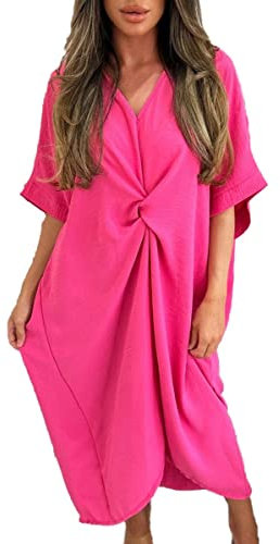 Women’s Ladies V-Neck Knot Twist Short Sleeve Baggy Oversized Loose Fits Smock Midi Casual Longline Summer Dresses for Women Fuchsia 12-24