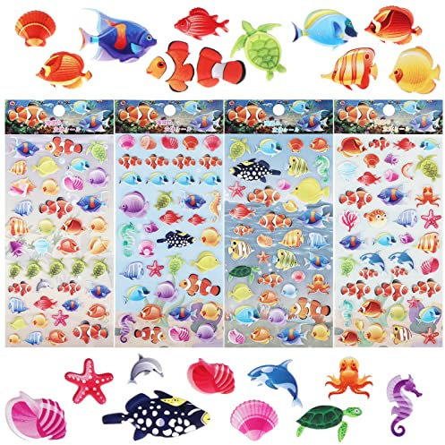 TIESOME Fisch-Aufkleber für Kinder, 4 Blätter 3D-Schaum unter dem Meer Ozean Tier Aufkleber Meerestiere verschiedenen kleinen Meerestiere tropische Fische Meeresschildkröten Aufkleber(Farbe Ozean)