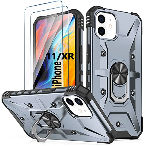 Handyhülle für iPhone 11 / iPhone XR hülle Original Silikon mit 2 Stück Gehärtetes Glas Schutzfolie 360 Metall Ring Ständer Hybrid Militär Stoßfest Kratzfeste Schutzhülle für iPhone 11 6.1'' - Grau