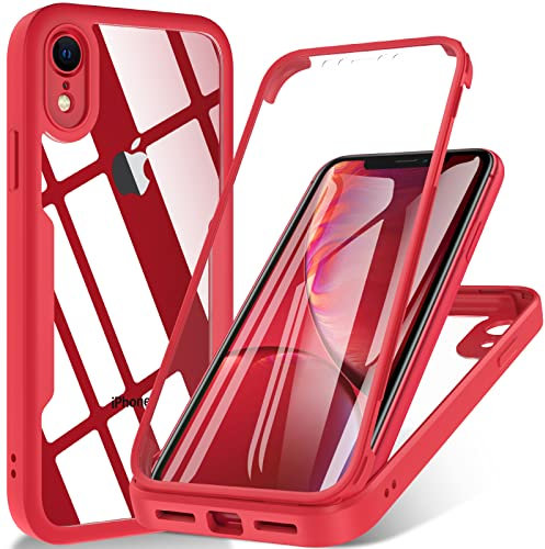 OWKEY for iPhone XR Case, [Military Grade Drop] 360° Full Body Silikon Rugged Bumper Case with Built-in Soft PET Screen Protector, Shoockproof Cover Phone Case for iPhone XR 6.1 inch, Red