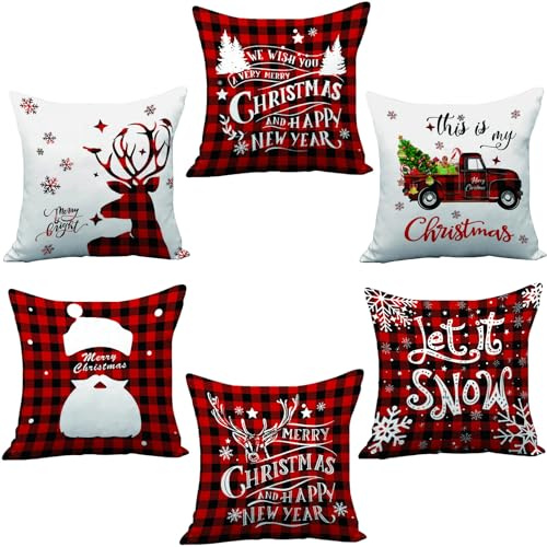 AMLOOPH Christmas Decorations Indoor 6 Set Christmas Cushion Covers 45x45cm | Red Black Strip Tartan Sofa Xmas Cushion Covers 18x18inch Soft Plush Christmas Throw Pillow Covers Cases For Xmas Decorations