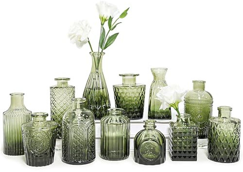 SUPMIND Glasvasen-Set, kleine grüne Blumenvasen für Tafelaufsätze, Mini-Vintage-Vase für Hochzeit, Zuhause, Tischdekoration, 12-teilig