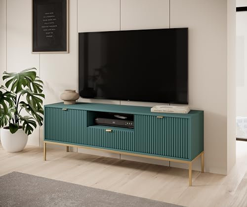 BETTSO - Nova RTV-154 - TV Schrank - Kommode - Mehrzweckschrank - Tv Ständer - mit Schublade 2 Türen - Niedrig, Geriffelt - Wohnzimmer - Modern, Glamour - Grün - mit goldenen Griffen