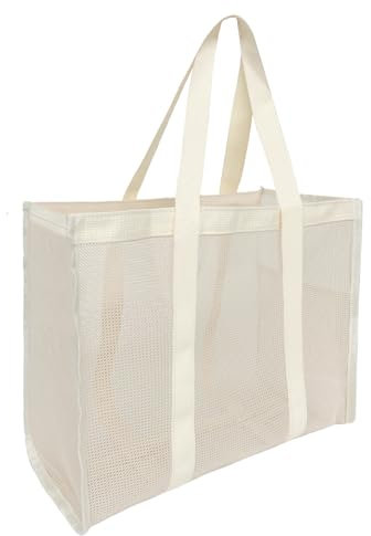 douyif Strandtasche Mesh Tote Shopper Tasche Handtasche Mesh Badetasche Reise Strandtasche für Strand Reise Picknick Familie Urlaub Fitnessstudio Einkaufen-36x30.5x17cm (Beige)