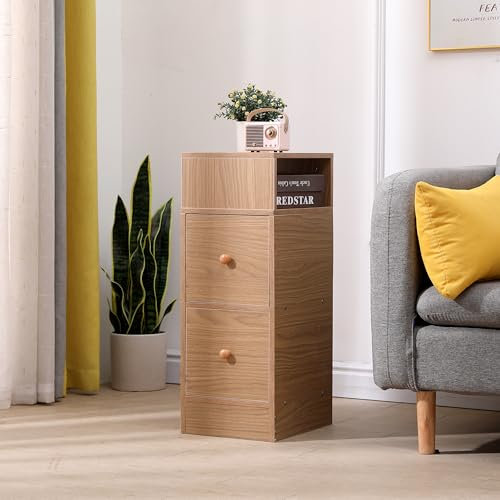 Pantanal Slim Wood Bedroom Nightstand on Wheels Bedside Table Cabinet with Storage Shelf, Narrow Living Room End Table Sofa Side Table File Cabinet (Walnut)