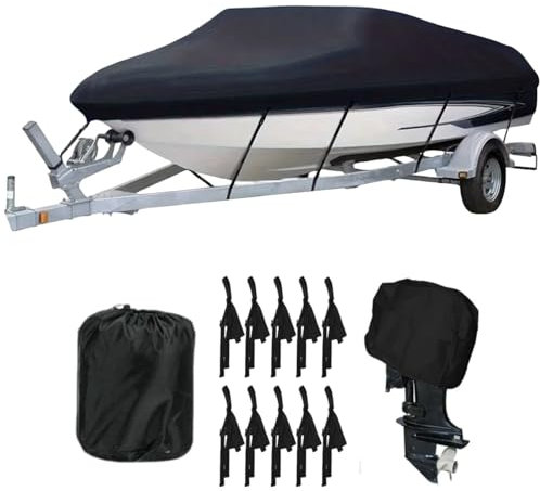 Bootspersenning mit Außenborder Abdeckung,600D Oxford Gewebe Wasserdicht Staub Schutz Bootsplane,Schwarz Bootsplane für Yacht Schnellboot Angelboot V-Rumpf (Schwarz, 17-19FT)