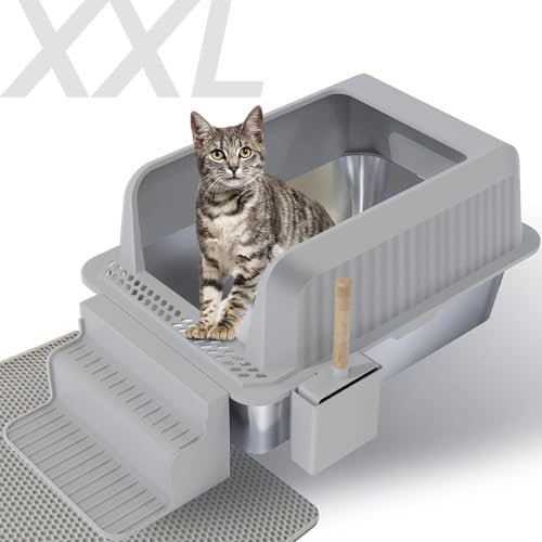 FREEUP Toilette Per Gatti in Acciaio Inossidabile, Lettiera Gatto Grande XXL Aperta con Pala, L:B:H 60,5 X 40,5 X 30 cm, Toilette Gatto con Tappetino Antiscivolo, Per Gatti di Grandi Dimensioni