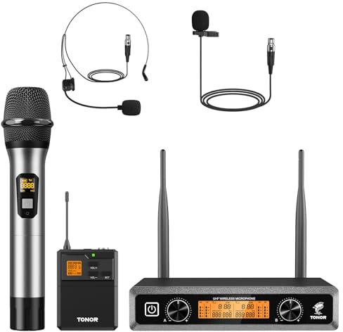 TONOR Sistema di microfoni wireless con microfono portatile UHF senza fili in metallo, cuffie/microfoni lavalier, trasmettitore bodypack, ricevitore, 2 x 15 canali, portata 61 m, per karaoke, chiesa,