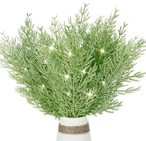 12 Pcs Christmas Glitter Leaves, 35 CM Christmas Tree Picks Artificial Twigs Branches Artificial Christmas Glitter Fern Leaf for DIY Xmas Tree Wreath Wedding Garland Decorations (Green)