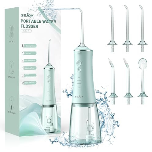 Sejoy Munddusche Testsieger 2024, Munddusche Kabellos Reise, Zahnsteinentferner Water Flosser Zahnzwischenraumbürsten 5 Modi & 6 Düsen, IPX7 Wasserdicht 280ML Wassertank, Schwerkraftball-Design