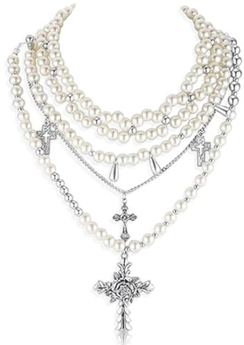 LURNODY Mehrreihige Perlenkette, Statement-Perlenkette mit Gothic-Kreuz, Großes Kreuz Kette, Gestapelte Perlenkette für Frauen, Und die Y2k Accessoires Eignen Sich für Stile Wie Sanftes Retro/Punk