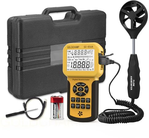 CFM Anemometer Handheld, HVAC Air Flow Meter 0.3-45m/s Professional GC-856A Digital Wind Gauges, with USB Interface Connect to Computer, Temp Test, Data Record, Wind Speed Meter GOLDCHAMP