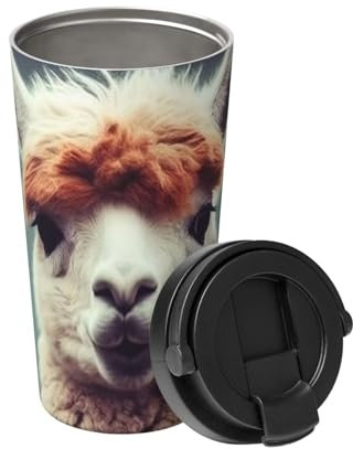 Isolierter Kaffeebecher mit Henkel Edelstahl Kaffeebecher Vakuum Auslaufsicher Reisebecher Wiederverwendbare Autobecher Niedliche Alpaka Kaffeetassen für Reisen Büro 500ML