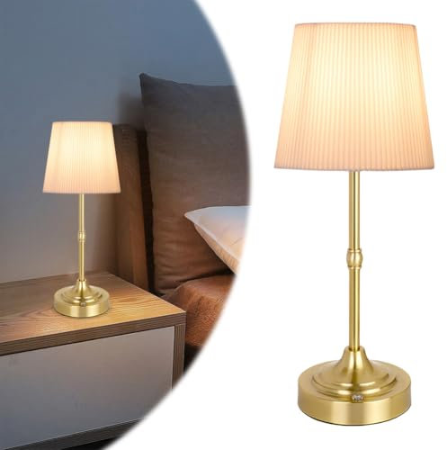 Nachttischlampe Touch Tischlampe, Led Nachttisch Touch Lampe, Tischleuchte Kabellos Aufladbar Lampe Ohne Kabel Kabelloser Dekolampe Aus Stoff FüR Nachttisch Schlafzimmer Wohnzimme (Gold, Stil A)