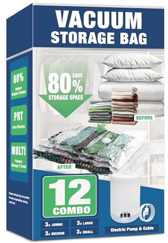 Space Saver Bags, Vacuum Storage Bags, Compression for Blankets and Bedding, Clothes Sealer Storage (12 Combo with Electric Pump)