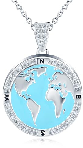 MICMIF Foto Kette Medaillon Damen 925 Sterling Silber Weltkarte Halskette Weltkugel Anhänger Runde Personalisierte Medaillon zum öffnen für 2 Bilder Amulett Kette für Frauen Mädchen