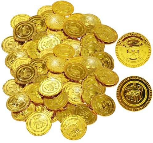 50 Stück Goldmünzen, Piratenschatz Goldmünzen Spielzeug Goldtaler Piratenschatz Geburtstag, Kunststoff Goldtaler, Piratenparty Seeräuber Schatzsuche Spielmünzen Geschenk für Party (50)
