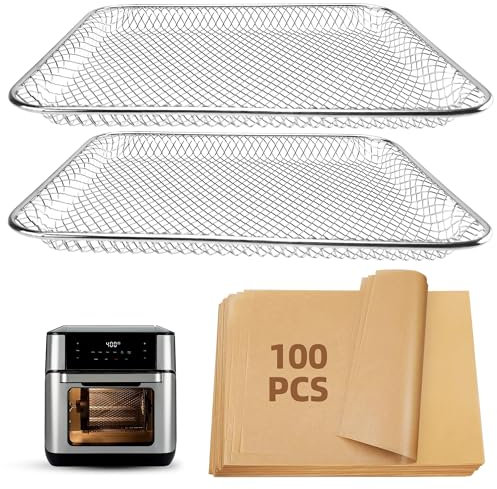 Air Fryer Accessories for Instant Vortex Plus Quart Air Fryer, 100pcs Air Fryer Liners Disposable Paper and 2pack Stainless Steel Mesh Cooking Tray Dehydrator Tray for CHEFMAN 12Qt Air Fryer