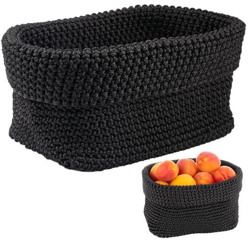 21 x 13 x 15.5cm Flechtkorb Schwarz,Aufbewahrung Geflochten Baumwollseil Rechteckig,Stapelbare Häkelkorb,Organizer Körbe,Aufbewahrungskorb,Korb Geflochten Klein für Schlafzimmer,Badezimmer und Büro