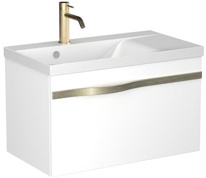 BadeDu Fils Waschbecken mit Unterschrank – Elegantes Design in Weiß, 70cm Breite, Gussmarmorbecken in Weiß, Schublade mit Soft-Close System, integrierte Einsätze aus Holz