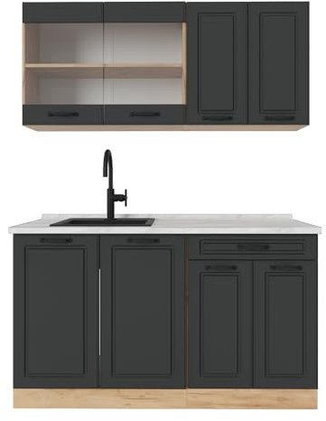 Vicco Singleküche R-Line, Anthrazit Landhaus/Goldkraft Eiche, 140 cm, AP Marmor