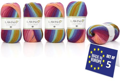 LAWINIA COLORISH Premium Regenbogen Garn DK, Regenbogen Wolle zum Stricken 5 x 100g - 350m 100% Acryl Strickgarn, Paintbox, Pastellwolle, Mehrfarbig Wolle, Farbverlaufsgarn, Ombre Garn, Rainbow Yarn
