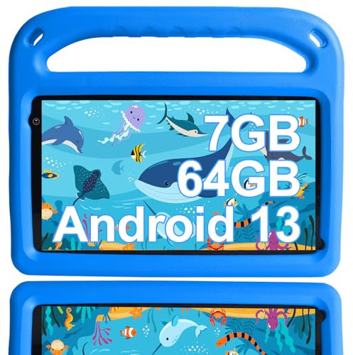 SUAAT Tablet Niños Android 13 7GB RAM+64 GB ROM, Tablet para Niños 7 Pulgadas, WiFi, Bluetooth, GPS, Educación + Juegos, Cámara Dual, Control Parental, con EVA Funda -Azul