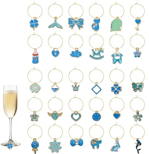 SEABABOO Segnabicchieri Marcatori Di Ciondoli 30 Pezzi Segna Bicchieri Calici Di Vino Riutilizzabile Ciondoli Per Calici Da VinoTema Blu Segnabicchieri per Bicchieri Da Vino
