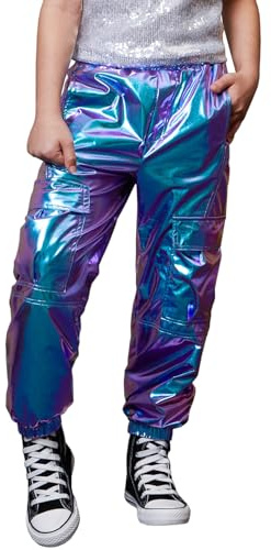 Perfashion Cargohose für Mädchen und Damen, metallisch, Hip-Hop-Tanzhose, mehrere Taschen, hohe Taille, 6–15 Jahre
