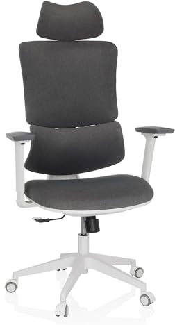 MyBuero Drehstuhl ergonomisch ERGOMY I WF Bürostuhl mit Flexibler Lordosenstütze, Kopfstütze und Armlehnen höhenverstellbar, Stoff Grau