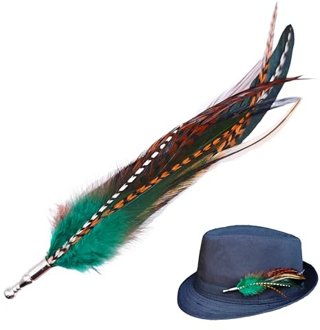 Hutfeder zum Anstecken, Federbrosche für Hüte, Echter Feder Pin Anstecker | Handgefertigtes Hutschmuck Accessoire, Federn mit Anstecknadel, Grün Braun 14-16 cm, Boho Style, Geschenkbox inklusive