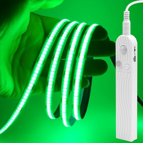 GQL Motion Sensor COB LED Strip Lights - PIR 5V Battery or USB Powered, Self-Adhesive for Closet Wardrobes Cabinets Stairs (Green, 1m)