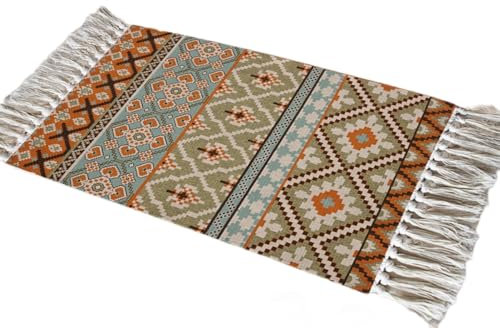 Aniyan Teppich 60x90 cm Boho Baumwollteppich Waschbar mit Quasten, Webteppich Faltbar für Camping Outdoor, Wohnzimmer Schlafzimmer Küche Flur, Handgewebter Antirutsch L?Ufer (Stil G)
