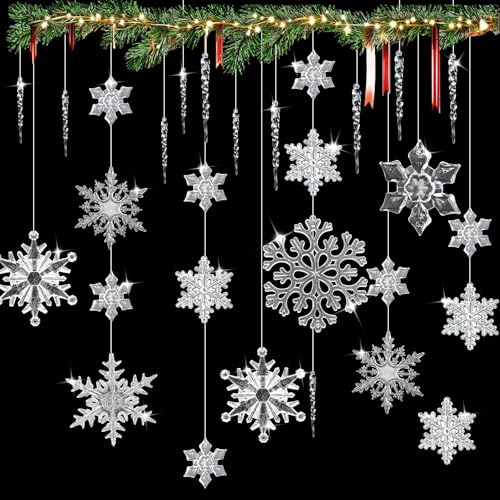 GETRICH 42 Stück Acryl Schneeflocken Eiszapfen,20 Stück Acryl Schneeflocken Christbaumschmuck mit 20 Stück Weihnachtsbaumschmuck Kristall und 2 Stück Schnur für Armbänder Winter Weihnachten Dekoration