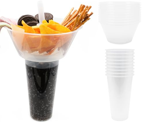 10er Pack Snack Becher 2-in-1 mit Mehrweg Snackschale & Trinkbecher 700ml - Partybecher mit Strohhalm für Chips, Popcorn, Süßigkeiten und vieles mehr - To-Go Cup für unterwegs Auto & Kino