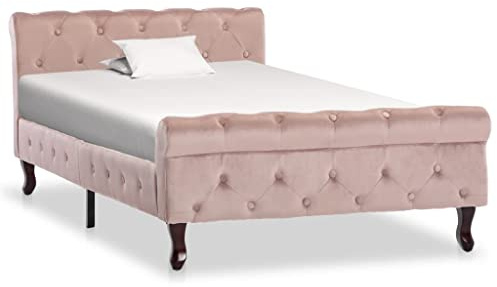 Massbinet Bettgestell Polsterbett Doppelbett mit Lattenrost und Massive Kiefernholzbeine Jugendbett Rosa Samt 100 x 200 cm