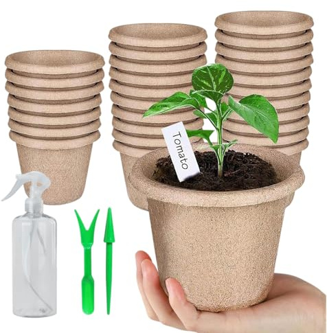 VEKLIQ 50 Piezas Grande Macetas Biodegradables, 11cm Semilleros de Germinacion, Redondas Macetas con Agujeros de Drenaje, con 1 Botella de Pulverización, para Plantasde de Semillero, Flores, Plantas