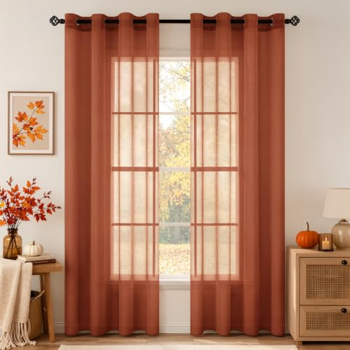 MIULEE Voile Vorhang mit Ösen transparent 140x225 cm 2er Set Ziegelrot | Transparente leichte Voile Gardine als Ösenschal für Wohnzimmer und Schlafzimmer, lichtdurchlässig, luftig, dekorativ