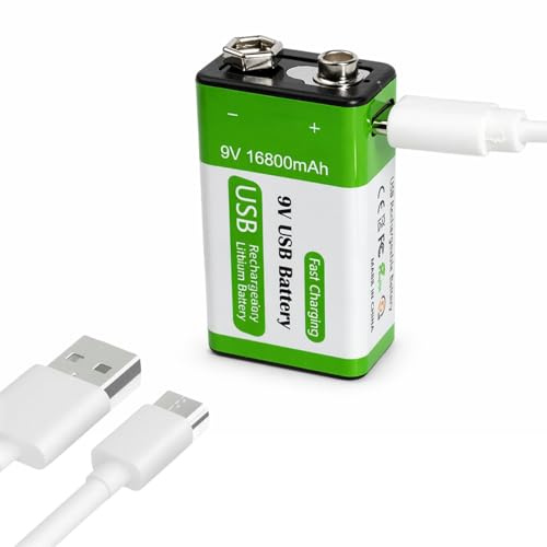 Batería recargable de iones de litio de 9 V de 1300 mAh con carga rápida USB-C, ideal para detectores de humo, detector de incendios, multímetro, 1 pieza, alta capacidad, sin efecto memoria