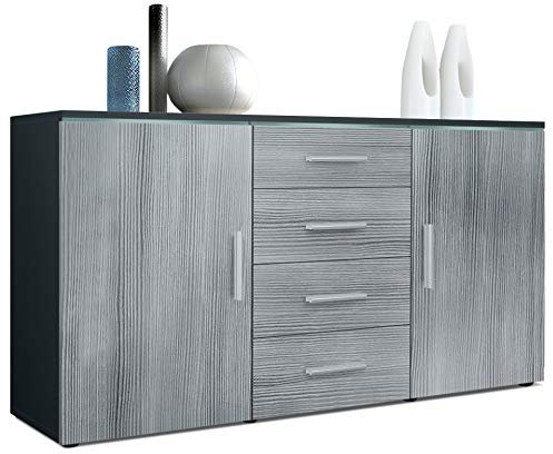 Vladon Sideboard Faro V1 - Kommode mit 2 Türen & 4 Schubladen, Schrank mit LED Lichtleiste, Anthrazit matt/Avola-Anthrazit (138,5 x 75,5 x 35)