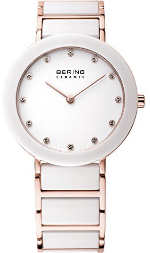 BERING Damen Quarz Uhr | Armbanduhr 35 mm roségoldenes Edelstahlgehäuse und weißes Zifferblatt | Edelstahlband mit Keramikelementen | 3 ATM | 11435-766