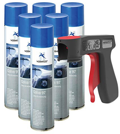 AUPROTEC Pistolengriff + Normfest Zink Grundierung Galva 97 Ultra hitzefest 490°C schweißbar Zinkspray Farbe 6x 400ml